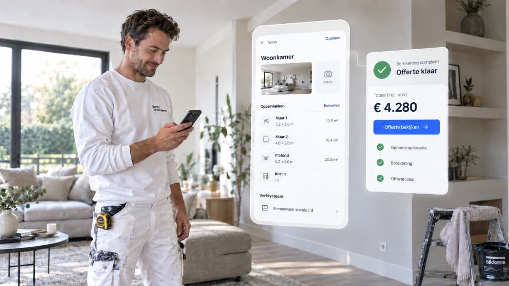Schilder neemt in een woonkamer met zijn telefoon de muren en het plafond op; daarnaast de berekening en de melding dat de offerte klaar is.